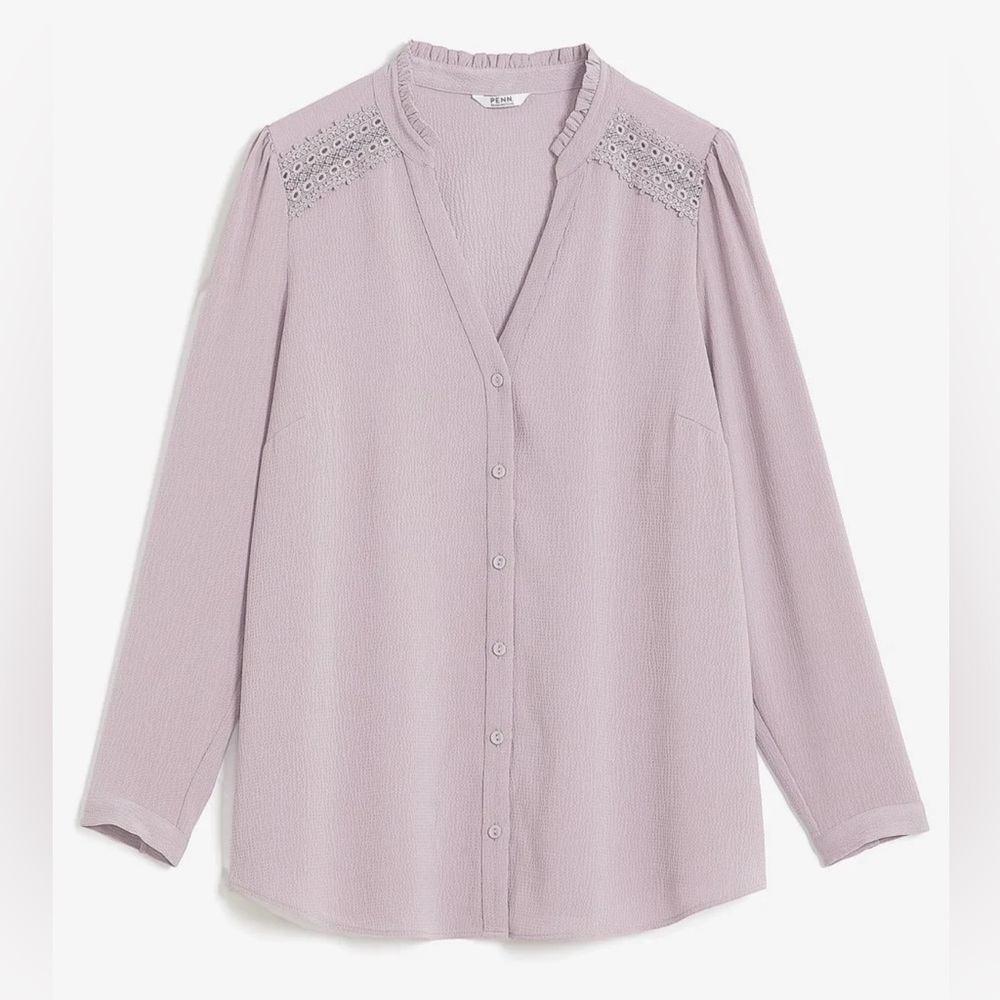 Pennintons Button-Down Lace Detail Blouse in Elderberry 1X